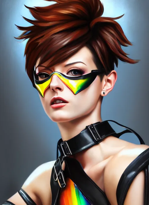 Image similar to oil painting digital artwork of tracer overwatch, confident pose, wearing black iridescent rainbow latex, 4 k, expressive happy smug expression, makeup, in style of mark arian, wearing leather collar, wearing sleek full body armor, black leather harness, expressive detailed face and eyes,