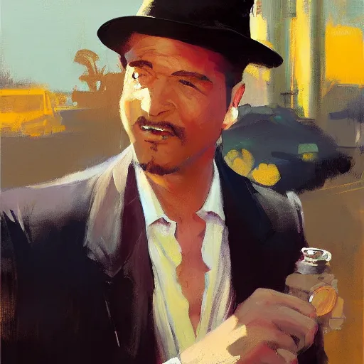 Prompt: greg manchess painting of a drunk male lounge singer, medium shot, asymmetrical, organic painting, sunny day, matte painting, bold shapes, hard edges, street art, trending on artstation, by huang guangjian and gil elvgren and sachin teng