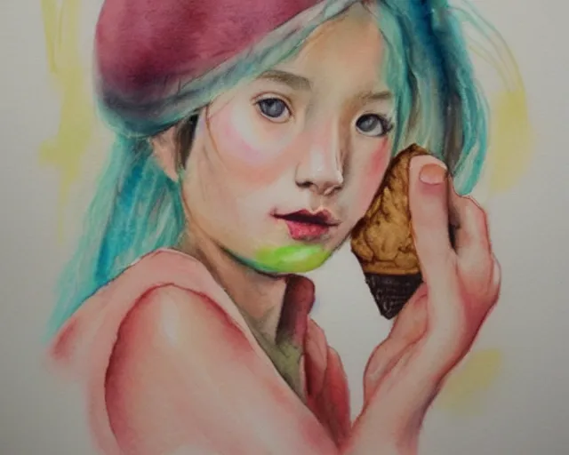 Image similar to a girl with the ice cream watercolor colored pencil painting trending on artstation