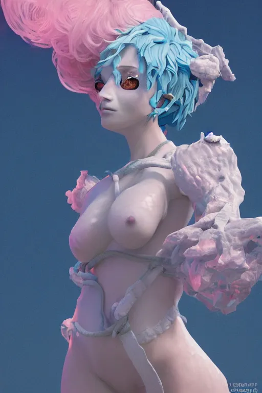 Image similar to an epic non - binary model, subject made of white mesh rope, with cerulean and pastel pink bubbles bursting out, delicate, beautiful, intricate, melting into a wolf, houdini sidefx, by jeremy mann and ilya kuvshinov, jamie hewlett and ayami kojima, trending on artstation, bold 3 d