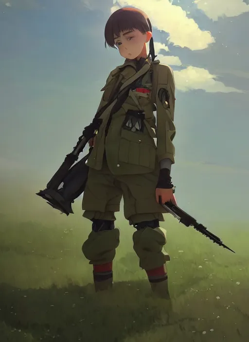 Prompt: portrait of cute soldier girl, cloudy sky background lush landscape illustration concept art anime key visual trending pixiv fanbox by wlop and greg rutkowski and makoto shinkai and studio ghibli and kyoto animation soldier clothing military gear realistic anatomy mechanized