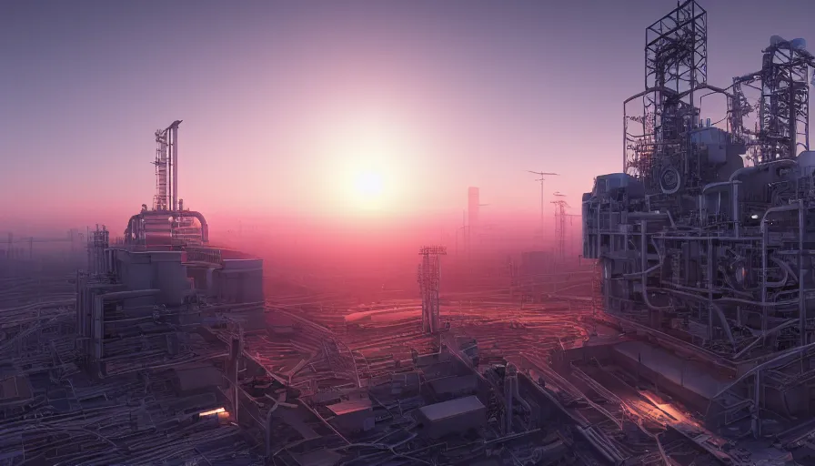 Image similar to real combined cycle powerplant, sunrise, hyperdetailed, artstation, cgsociety, 8 k