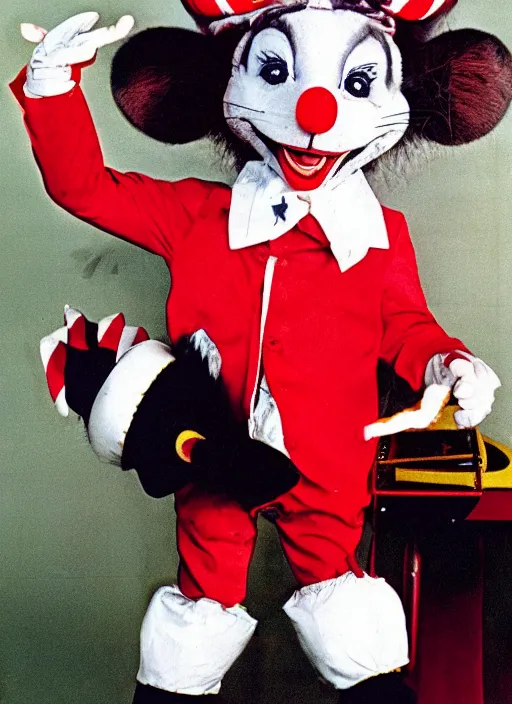 Image similar to Chuck E. Cheese mascot grainy 1980’s circus portrait of an anthropomorphic rat animatronic dressed like a clown, professional portrait HD, mouse, Chuck E. Cheese head, authentic, mouse, costume weird creepy, off putting, nightmare fuel, Chuck E. Cheese
