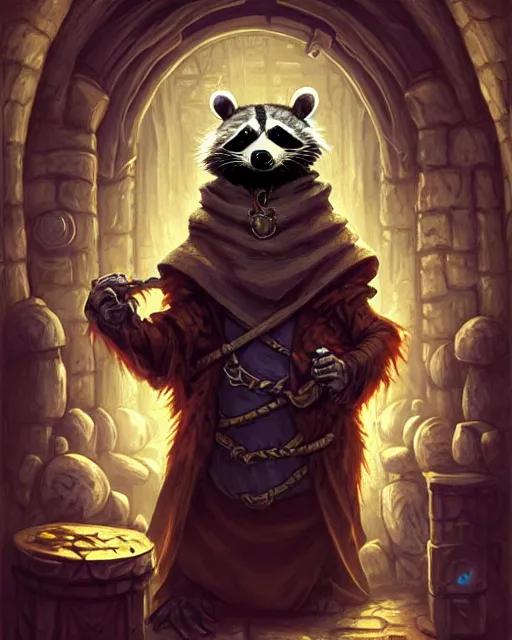 Image similar to anthropomorphic hooded necromancer raccoon casting a spell in a dungeon, deep focus, d & d, fantasy, intricate, elegant, highly detailed, digital painting, artstation, concept art, matte, sharp focus, illustration, hearthstone, art by artgerm and greg rutkowski and alphonse mucha