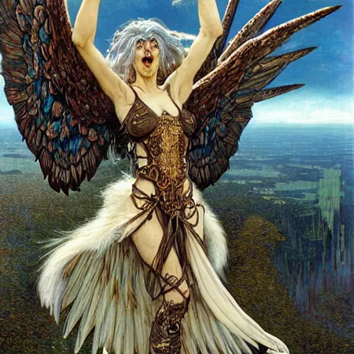 Prompt: a flying harpy with huge eagle wings impaled by a dozen arrows, d & d, fantasy, luis royo, magali villeneuve, donato giancola, wlop, krenz cushart, hans zatka, klimt, alphonse mucha