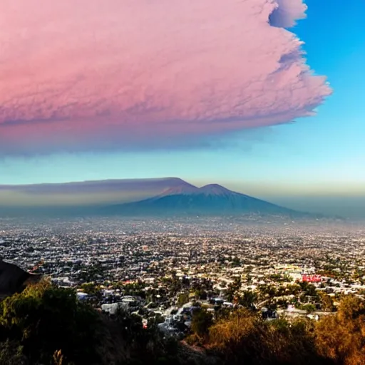 Prompt: the view from runyon canyon overlooking los angeles as a huge volcano erupts beneath l. a.