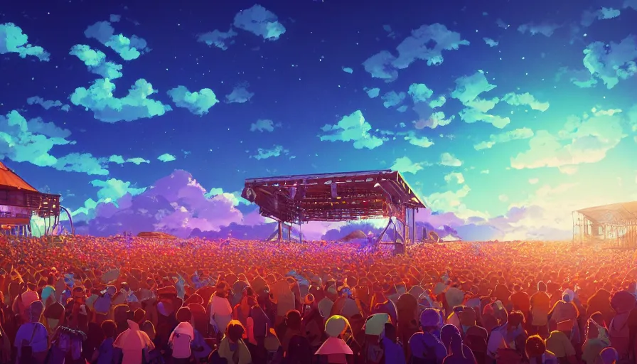 Image similar to A highly detailed digital art painting of a music festival with a bright shimmering sky by Studio Ghibli, Mokoto Shinkai, by Artgerm, by beeple, volumetric lighting, octane render, 4K resolution, trending on artstation, vivid colours