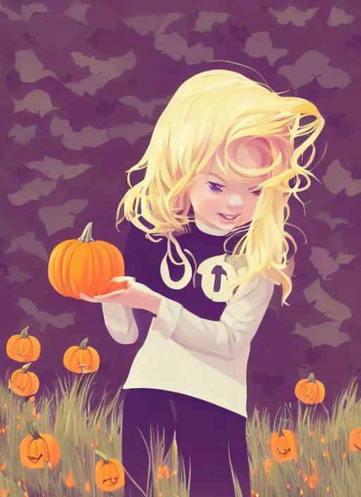 Image similar to little girl with long blonde hair happy at the pumpkin patch. clean cel shaded vector art. shutterstock. behance hd by lois van baarle, artgerm, helen huang, by makoto shinkai and ilya kuvshinov, rossdraws, illustration, art by ilya kuvshinov