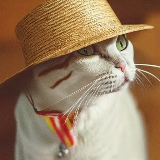 Prompt: a cat wearing straw hat playing piano