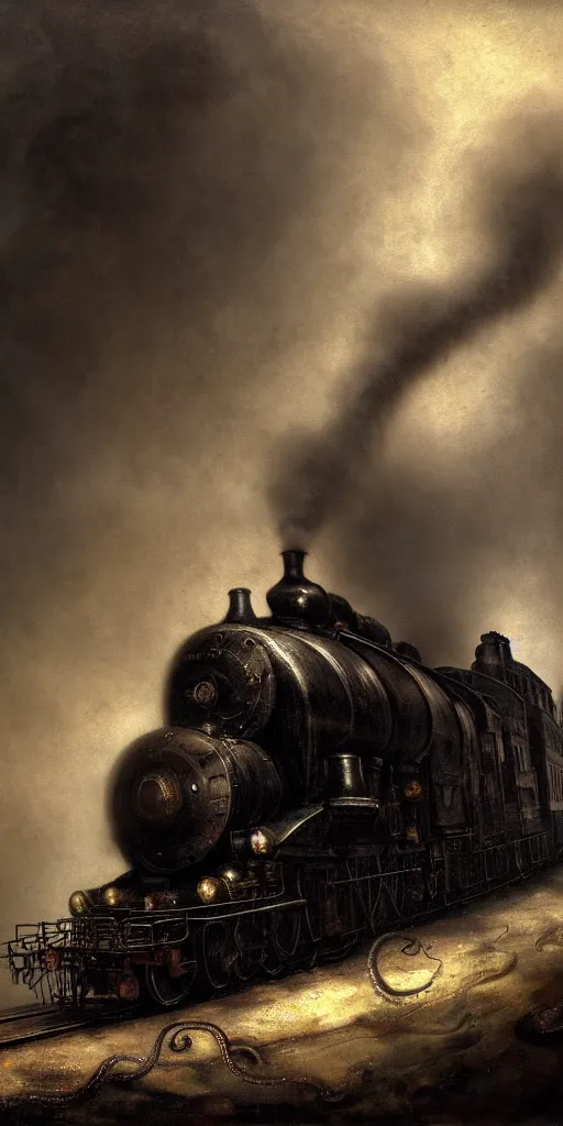 Prompt: a steam locomotive that is slowly transforming into thick tentacles, matte oil painting, by rembrandt, in the style of an octopus, monstrosity, concept art, d & d, coal power, fantasy, fog, sharp focus, eldritch, award - winning, extremely detailed, 4 k, 8 k