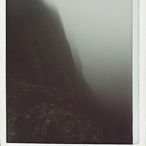 Image similar to a giant hand reaching over a foggy cliff, polaroid,