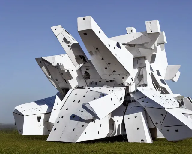 Image similar to photo of white minimalist abstract cubist sculpture of curvy spaceship with random small mecha mayan decorations, covered with few large white airplane parts with windows and doors and lights inside, gigantic size, sunset lighting