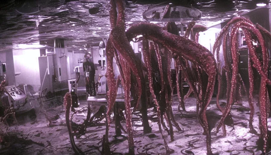 Image similar to Big budget horror movie set in an undersea biolab splattered with blood, where a giant squid attacks a cyborg