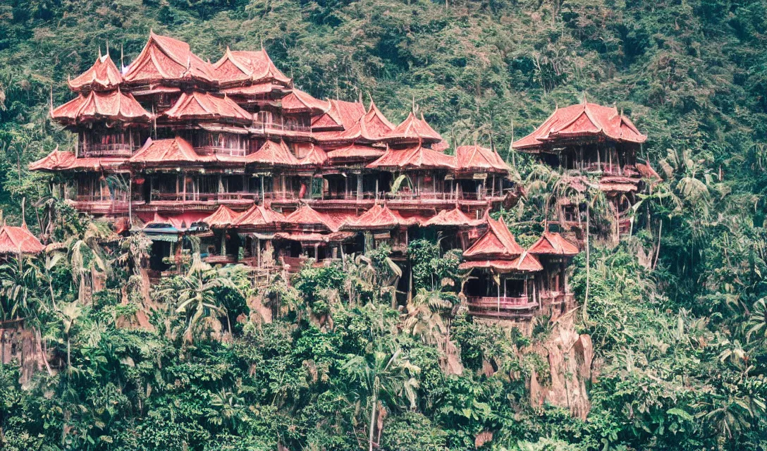 Prompt: Giant sprawling fantasy Filipino palace with lots of ornamentation in the mountains from a distance, photograph 35mm lens