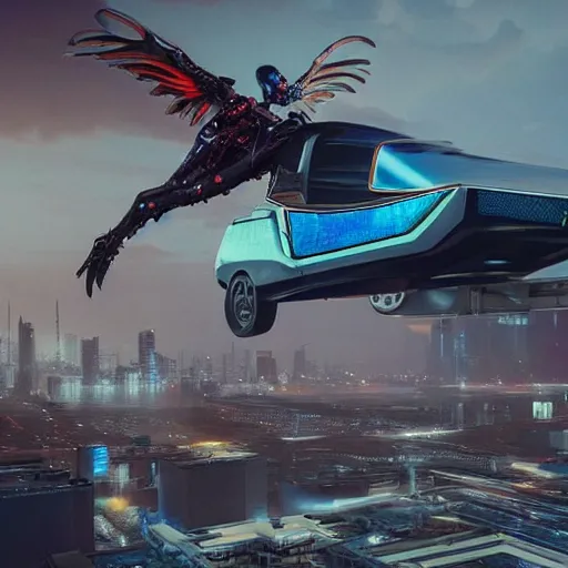 Image similar to cyberpunk alien concept of the a - team van with a pair of wings flying trough the sky, futuristic look, highly detailed body, very powerful, photorealistic camera shot, crisp quality and light reflections, unreal engine 5 quality render