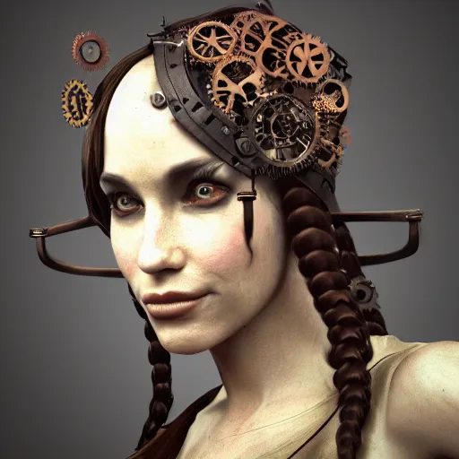 Image similar to a steampunk woman, long hair, aged 4 0, wearing a steampunk hat made of junk, photo realistic, real life, octane render, trending on artstation