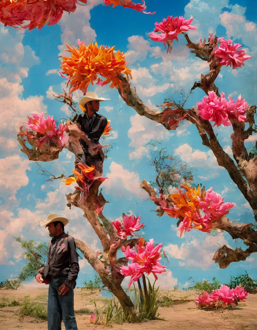 Image similar to a cowboy turning into blooms by slim aarons, by zhang kechun, by lynda benglis. tropical sea slugs, angular sharp tractor tires. complementary bold colors. warm soft volumetric dramatic light. national geographic. 8 k, rendered in octane, smooth gradients. angular sculpture by michelangelo.