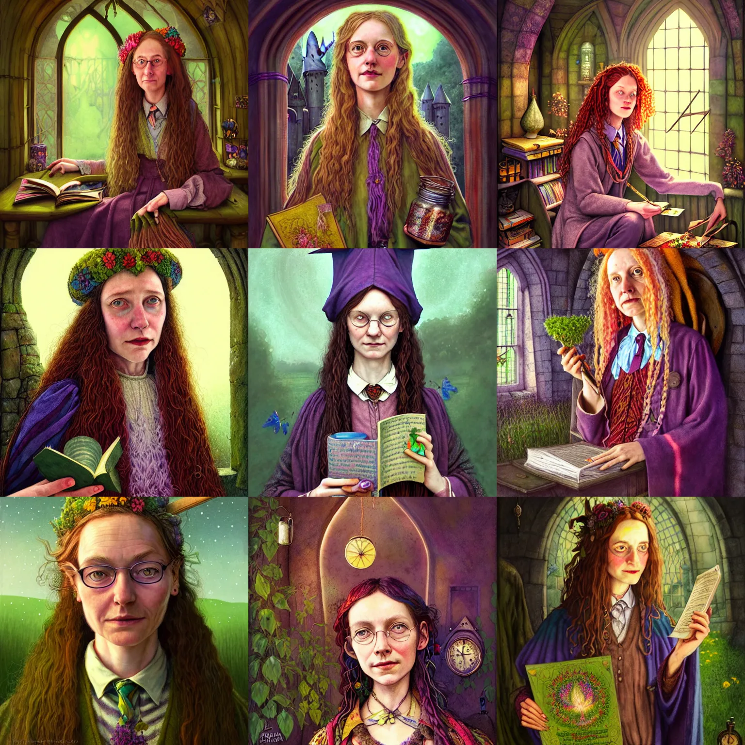 Prompt: Portrait of Magrat Garlick as a kind, hippie, Herbology professor in Hogwarts School of Witchcraft and Wizardry, detailed, hyperrealistic, colorful, cinematic lighting, digital art by Paul Kidby