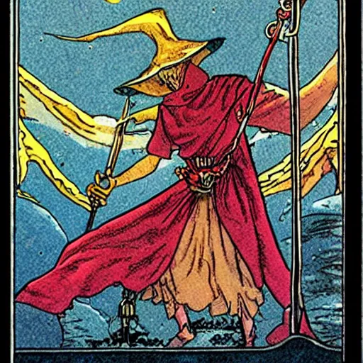 Image similar to the tarot card of the magician painted by moebius.