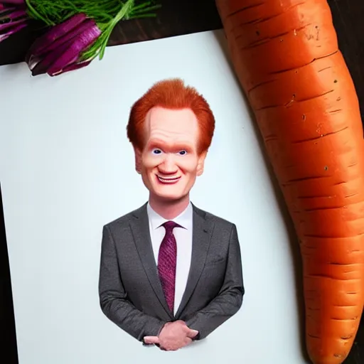 Prompt: carrot with connan o brien face caricature