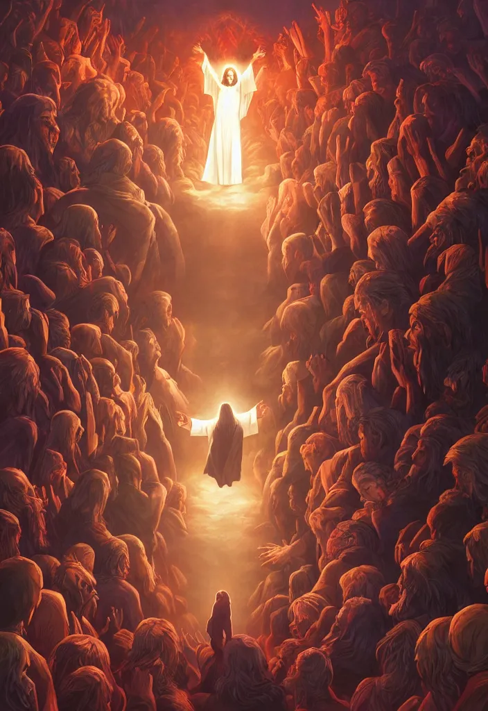 Image similar to jesus descends into hell by dan mumford, yusuke murata and makoto shinkai, 8k, cel shaded, unreal engine, featured on artstation, pixiv