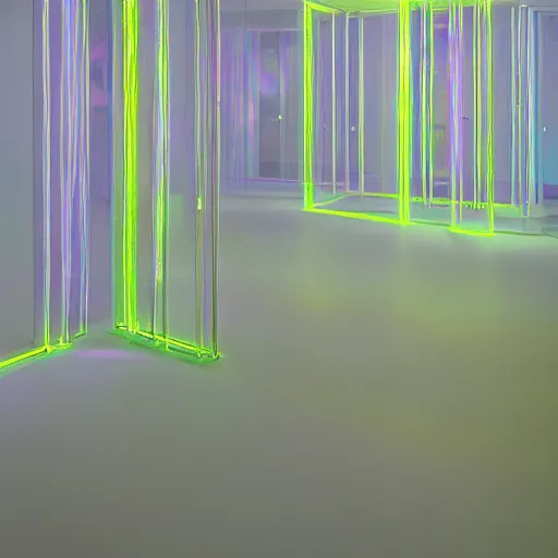 Image similar to an ultra high definition professional studio quality photograph of a transparent iridescent perspex pastel coloured raincoat with neon yellow guide ropes on a coat hook in an empty white room. dramatic lighting, ray tracing, refraction, shallow d. o. f, colour corrected, golden ratio, three point light. volumetric shadows. light rays.