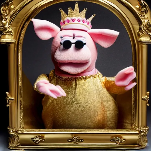 Prompt: pig wearing a gold crown depicted as a muppet holding box 8k