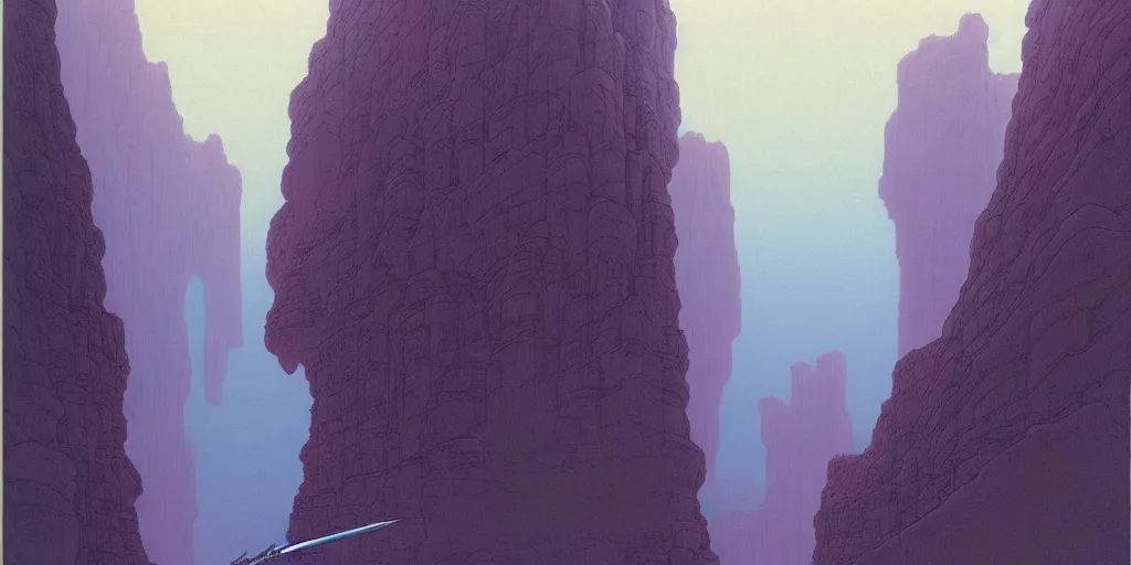 Image similar to grainy risograph matte painting of gigantic huge mech with huge swords, pastel matte colors, staying in the foggy huge canyon, by moebius, hyperrealism, intricate detailed