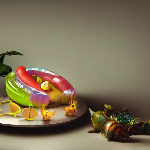 Image similar to a neon translucent transparent plastic hotdog surrounded by bits of fur, popsicles, and exotic tropical plants, chiaroscuro baroque painting, still life, detailed octane render, 8k