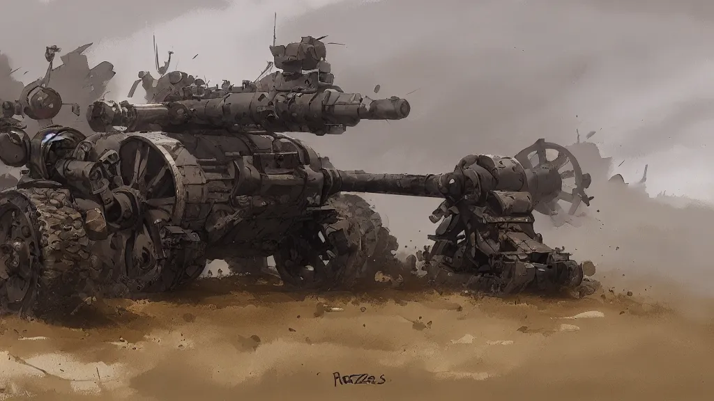 Prompt: howitzer cannon, watercolored, jakub rozalski, dark colours, dieselpunk, artstation