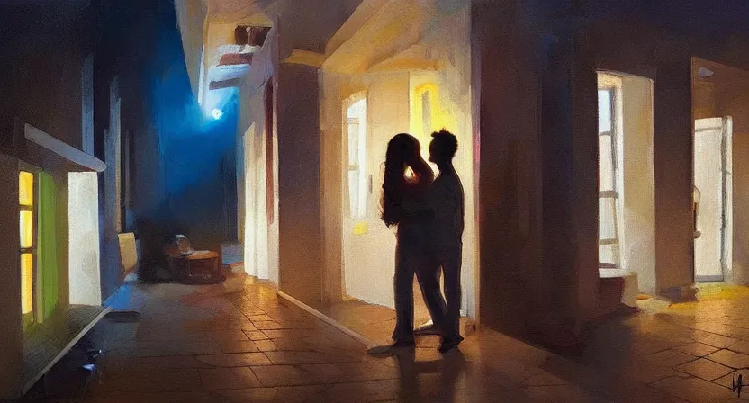 Prompt: lovers in the dark. art by salman toor. global illumination, radiant light, detailed and intricate environment, atmospheric light, cinematic, saatchi art