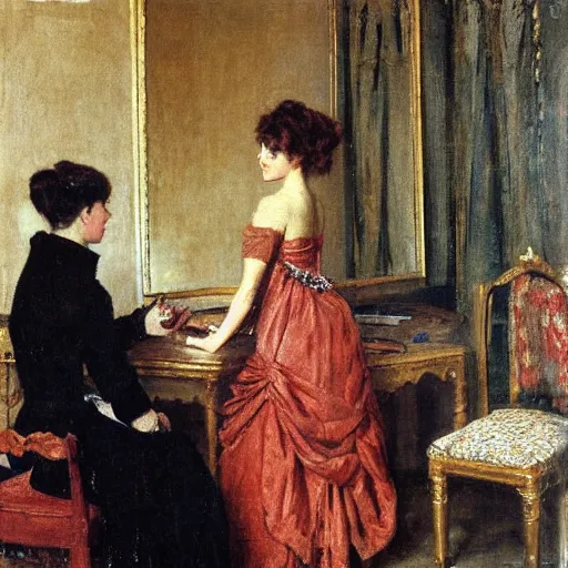 Image similar to theatre actress and factotum in the dressing rooms, by alfred stevens