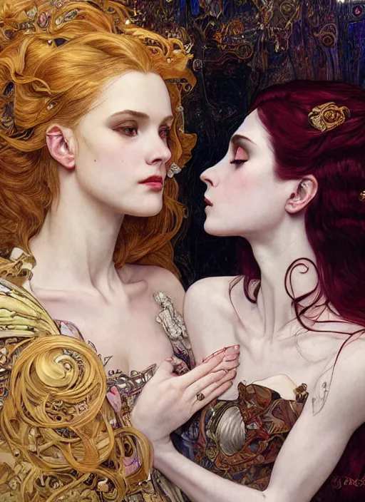 Prompt: portrait of two beautiful pale gothic maidens kissing, warhammer 40000, cyberpunk, intricate, elegant, highly detailed, digital painting, artstation, concept art, smooth, sharp focus, illustration, art by artgerm and greg rutkowski and alphonse mucha and Gustav Klimt