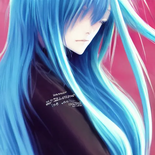 Image similar to full face shot of rimuru tempest, sky blue straight hair, long bangs, with amber eyes, wearing a black jacket, high collar, ultra detailed, concept art, award winning photography, digital painting, cinematic, wlop artstation, closeup, pixiv, evil, yoshitaka amano, andy warhol, ilya kuvshinov,