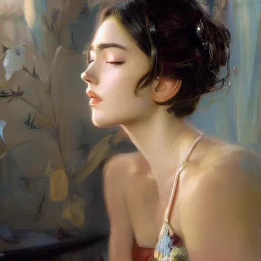 Prompt: a high fashion shoot stunning backlit portrait of frowning anime girl, closed eyes, painting by gaston bussiere, craig mullins, j. c. leyendecker
