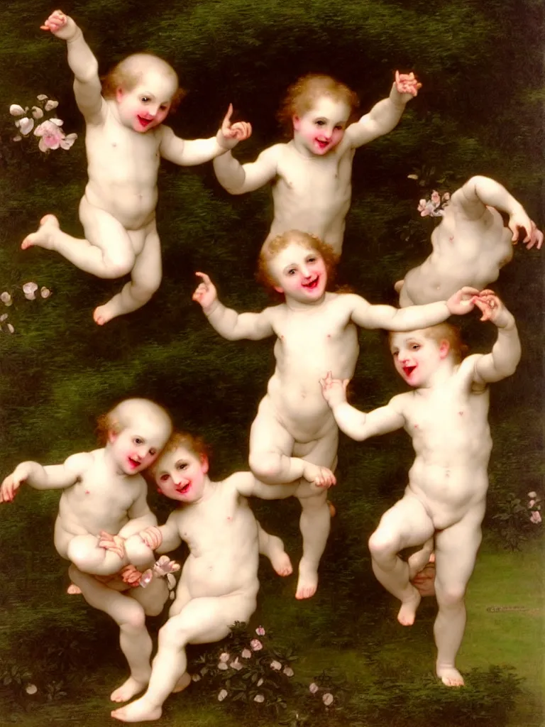 Image similar to Devils Laugh at Cherubs in an Arcadian Milieu, art by Gustav Doré and William-Adolphe Bourguereau