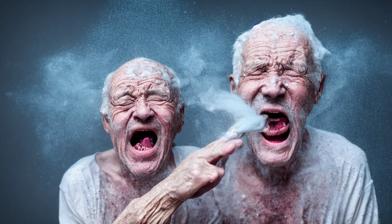 Prompt: o hyper realistic photo of a weathered old man, feedback loop, burst of powders, volumetric lighting, twisting vapour, bellowing dust, emerging hands and beautiful woman's screaming face, full colour, upscale, 4 k