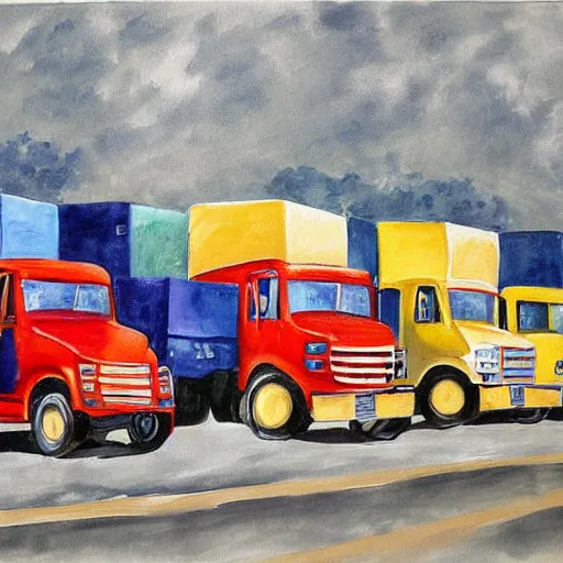Image similar to an awesome painting with trucks by peter klasen