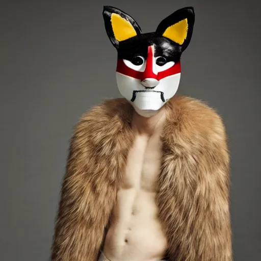 Image similar to a beautiful young male wearing a furry kitsune mask, photographed by erwin olaf for a fashion editorial, expensive art direction