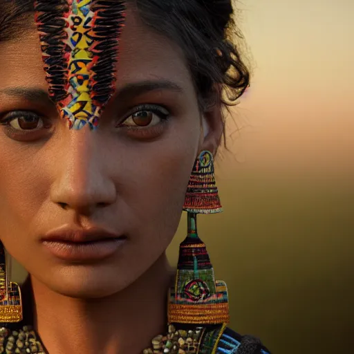 Image similar to a portrait of an aztec female, dark eyes, dark hair, olive skin, depth of field, zeiss lens, detailed, centered, artstation, by Annie Leibovitz and Steve McCurry, David Lazar, Jimmy Nelsson, Breathtaking, 8k resolution, extremely detailed, beautiful, establishing shot, artistic, hyperrealistic, beautiful face, octane render