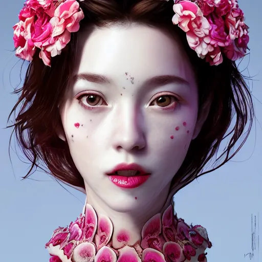 Prompt: the face of absurdly beautiful, graceful, elegant, sophisticated, sensual mature gravure idol made of strawberries and white pink petals with tears, an ultrafine hyperrealistic photograph by kim jung gi, irakli nadar, intricate linework, bright colors, octopath traveler, final fantasy, unreal engine highly rendered, global illumination, radiant light, intricate cherry environment