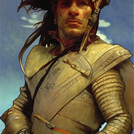 Image similar to An orc noble male musketeer, digital art, Greg rutkowski, Alphonse Mucha, Italian futurism cca 1938