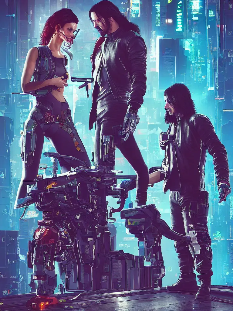 Prompt: a cyberpunk 2077 couple portrait of Keanu Reeves as Johnny Silverhand and female V in daily life ,love story, pray, hug, hold, kiss, film lighting, by Josan Gonzalez,Andrei Riabovitchev, Tom Bagshaw,Laurie Greasley, Dan Mumford, John Wick, Speed, Replicas, Destination Wedding, The Lake House, artstation, full of color, Digital painting, face enhance, highly detailed,8K, octane, golden ratio, cinematic lighting