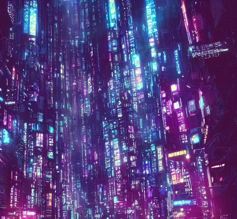 Prompt: A beautiful picture of street, under immense cyberpunk skyscrapers, night, neon, blade runner, photorealistic, 4K, Trending on artstation., Neon blue-violet color scheme, neon cyberpunk city from Akira