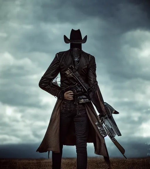 Prompt: hd pro photo portrait of gunslinger standing in front of darktower dramatic Leica Zeiss cinematic noir giger trending on Flickr artstation