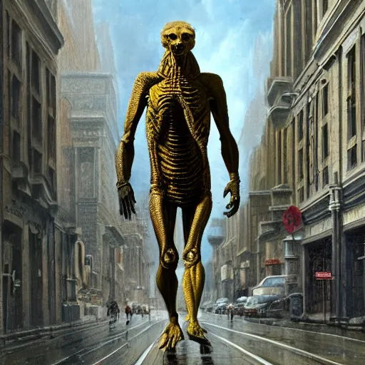 Image similar to humanoid reptilian man walks through the center of a city, extremely detailed oil painting, 1 9 2 0's colored pencil, highly detailed, highly accurate, deep aesthetic, 8 k, highly ornate intricate details, cinematic lighting, rich colors, beautiful scenic view, ray tracing, hyperrealistic, photorealistic, cinematic landscape, trending on artstation, concept art,