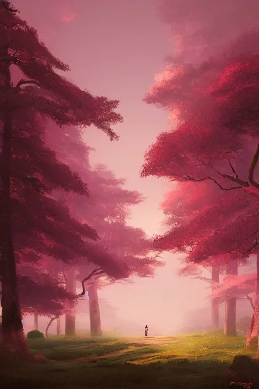 Image similar to Japanese Torii in the center of the picture , torii in a moutain with trees ,night , by Grzegorz Rutkowski, concept art, pink scheme