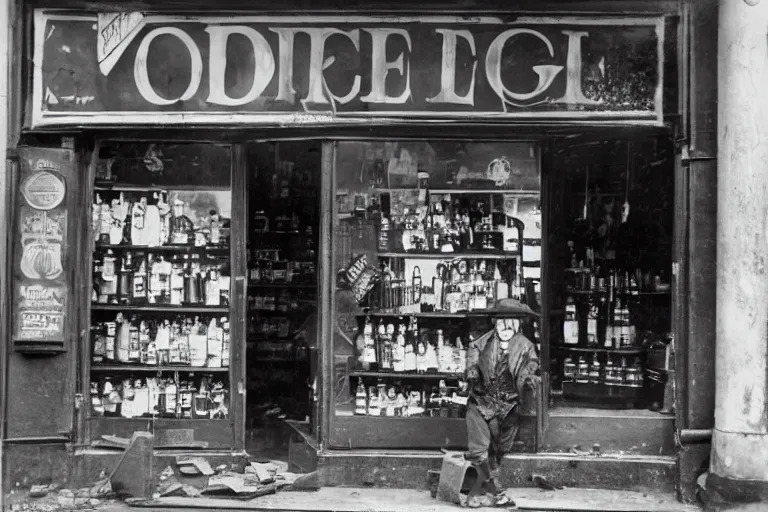 Prompt: peter dinklage robbing a liqour store, in the style of eugene atget and peter witkin