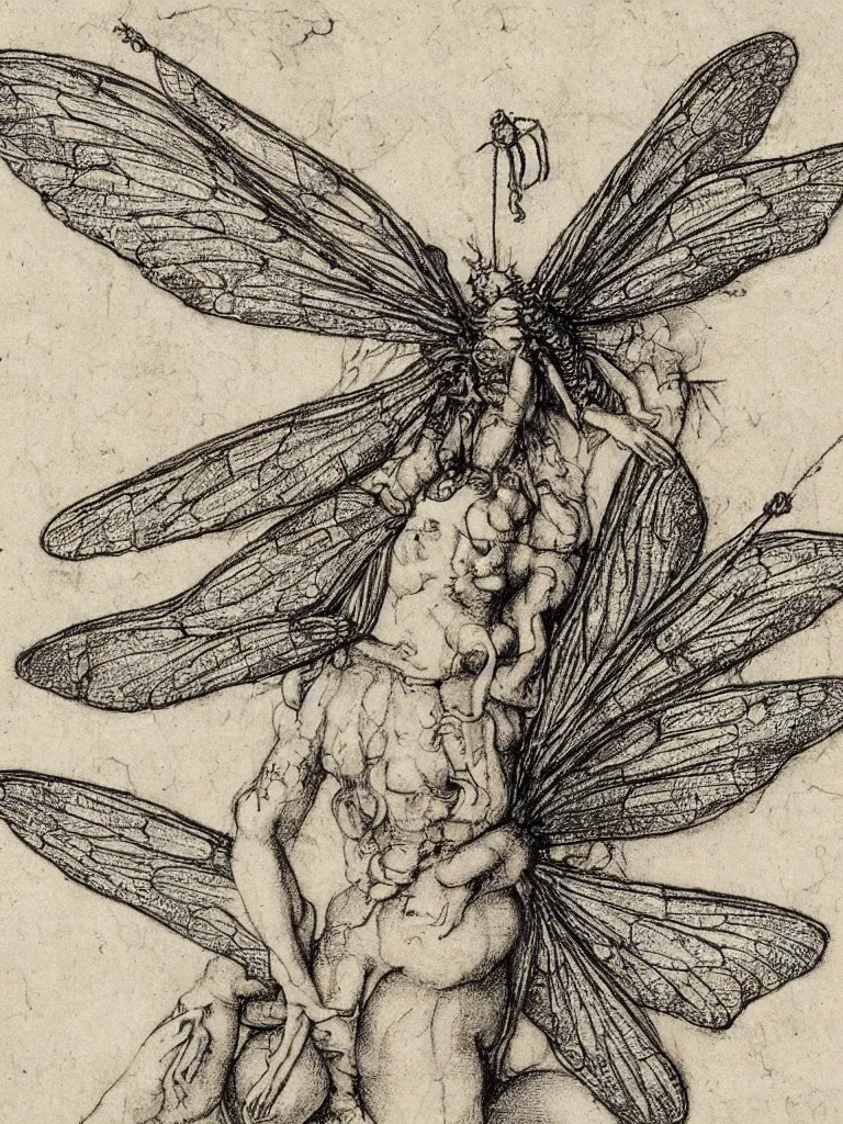 Image similar to annotated detailed sketch drawing of a fairy with dragonfly wings by albrecht durer