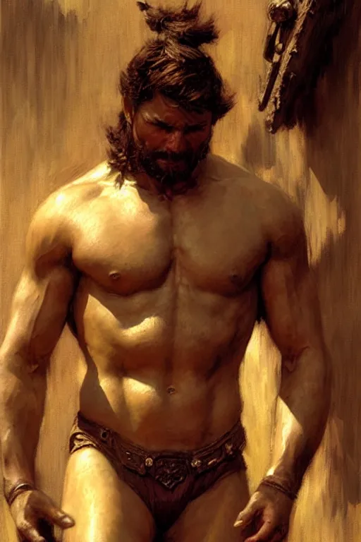 Image similar to Gladiator, muscular, detailed face, correct face, painting by Gaston Bussiere, Craig Mullins